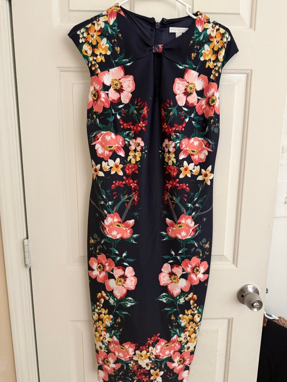New York & Company Navy Floral Midi Dress with Coral and Yellow Blooms